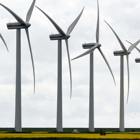 Windräder stehen in Reihe in einer Landschaft. Dazwischen ganz klein ein Auto.