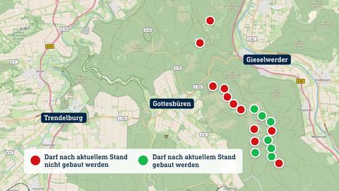 In einer Karte sind mit roten und grünen Punkte die Windräder markiert, die gebaut bzw. nicht gebaut werden dürfen.